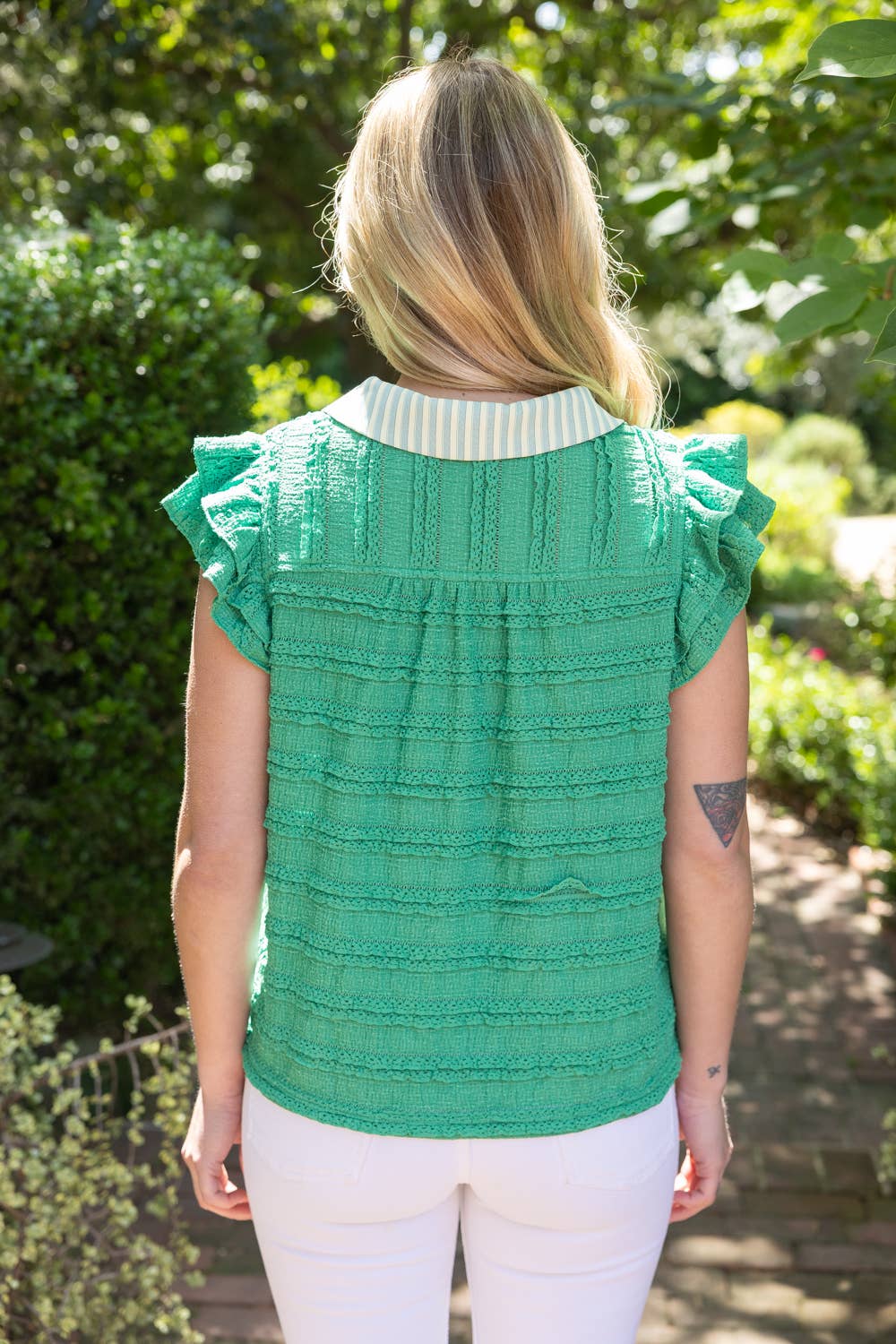 Stripe Collar Detailed Ruffle Sleeve Textured Knit Top