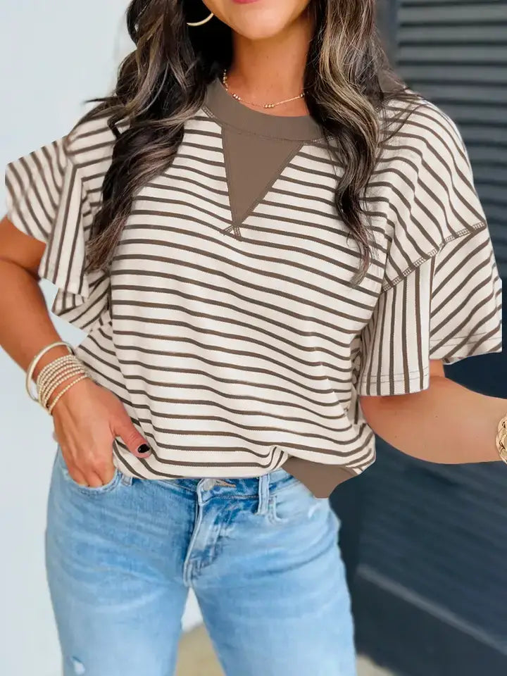 Parchment Contrast Detail Striped Ruffle Short Sleeve Top
