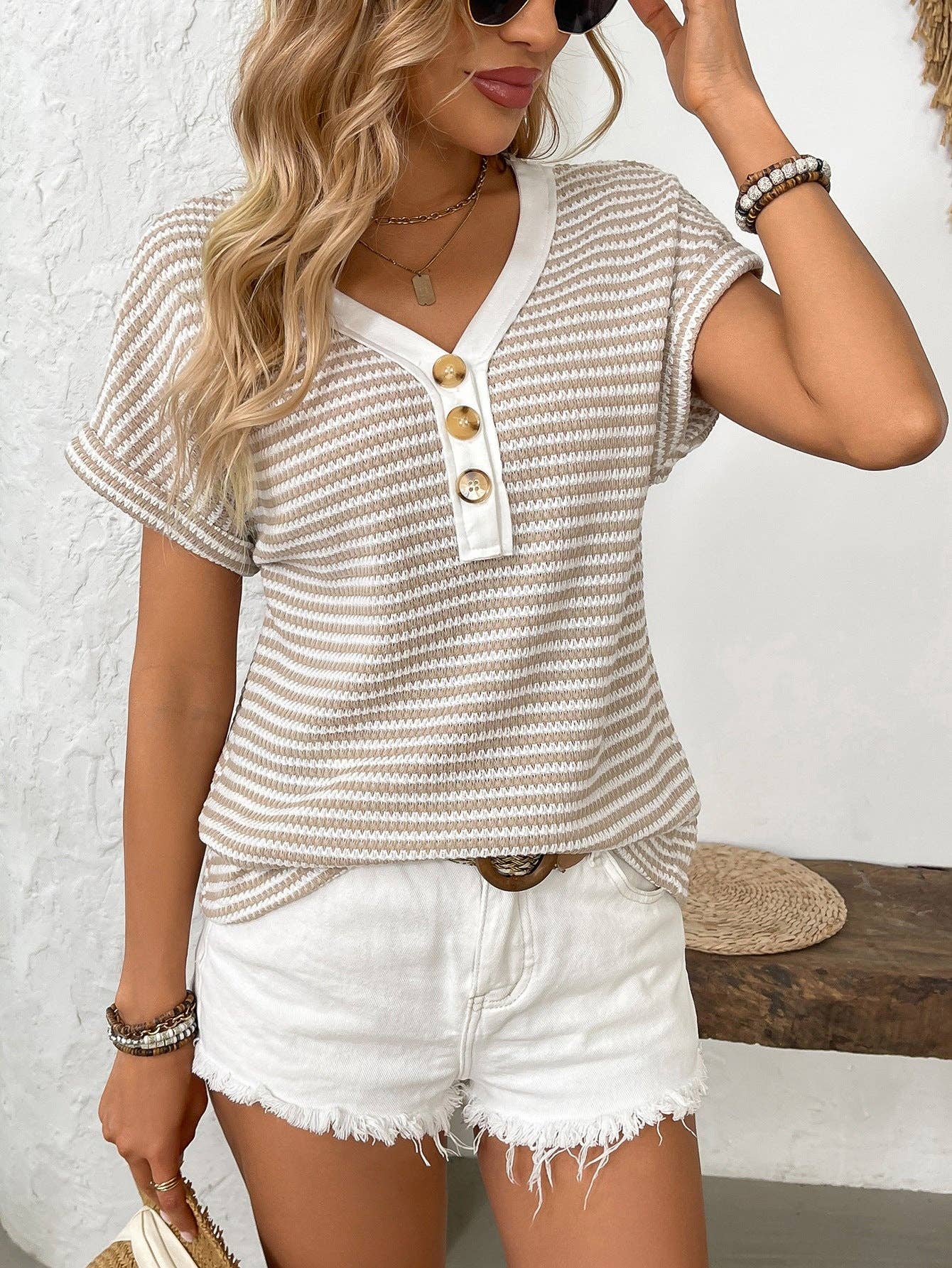 Womens Striped Knit Top V Neck Button Short Sleeve