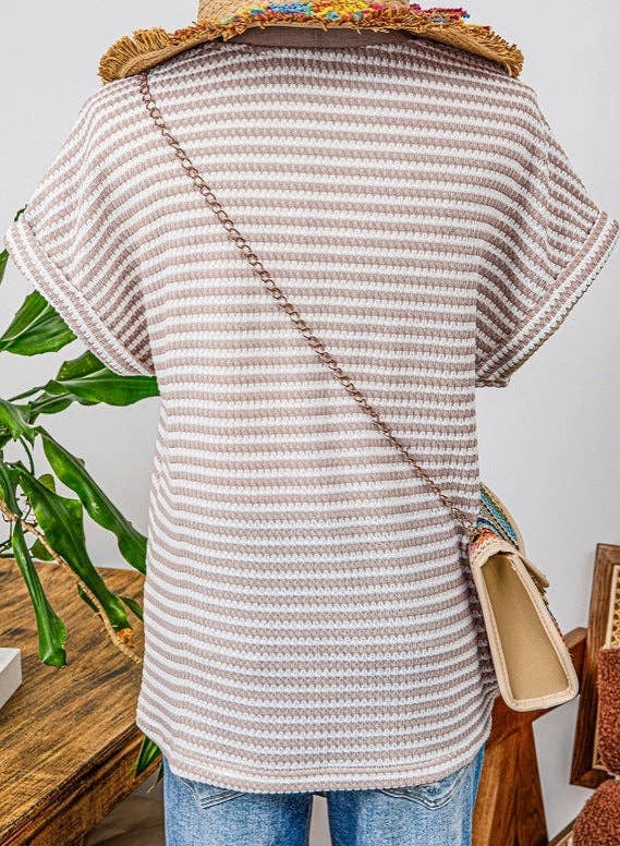 Womens Striped Knit Top V Neck Button Short Sleeve
