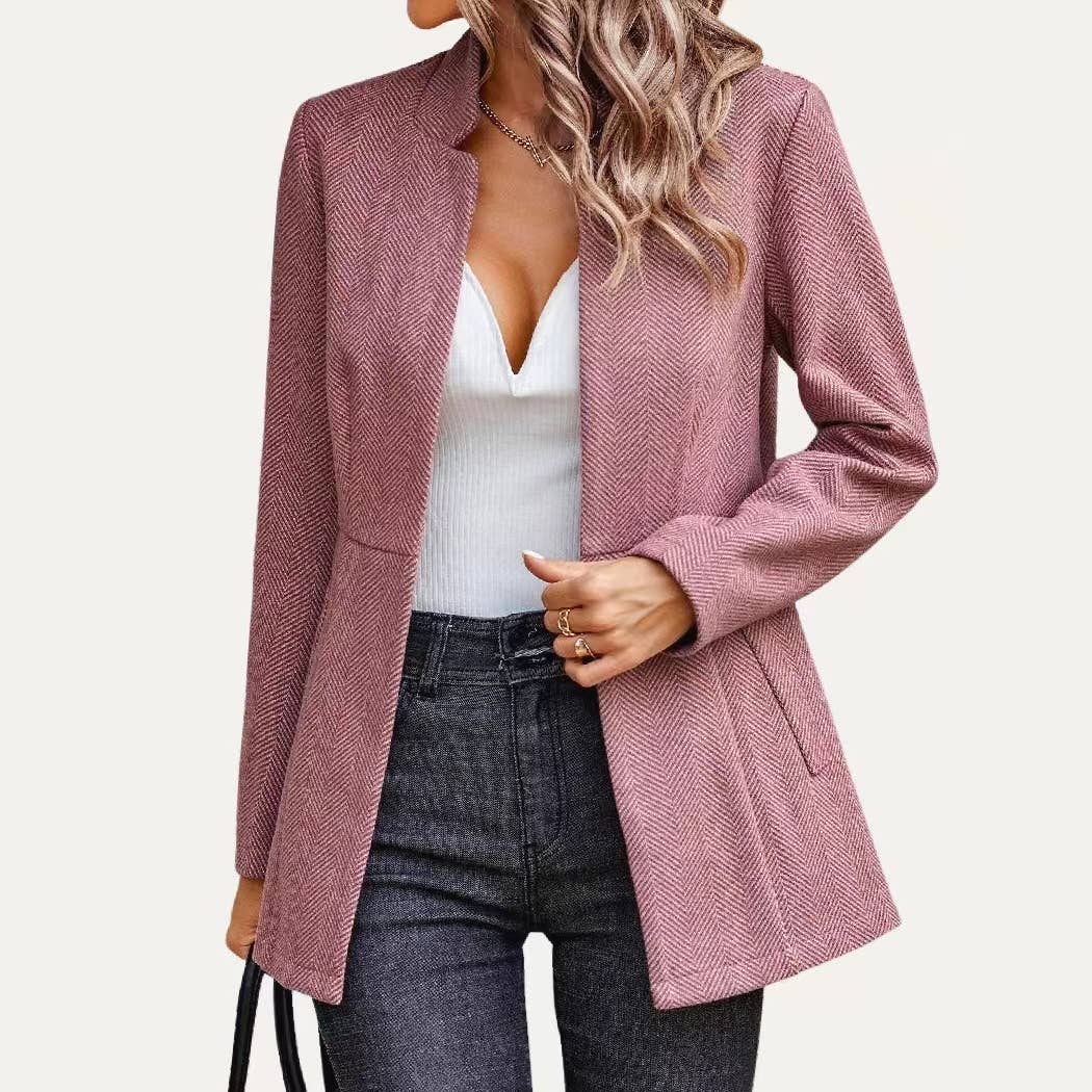 Striped Pattern Mock Neck Open Front Long Sleeve Blazer in Plum