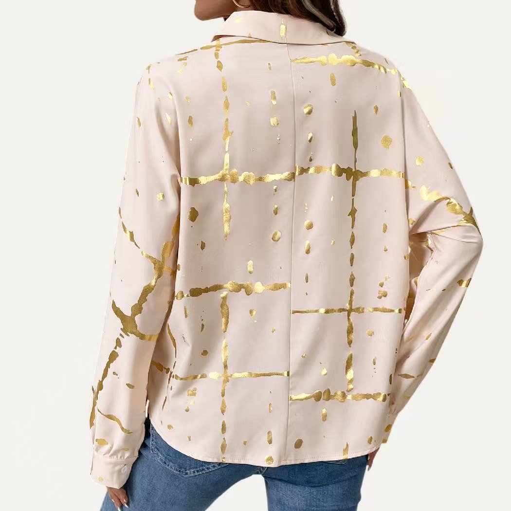Light Khaki Metallic Gold Pattern Collared Button-Up Blouse