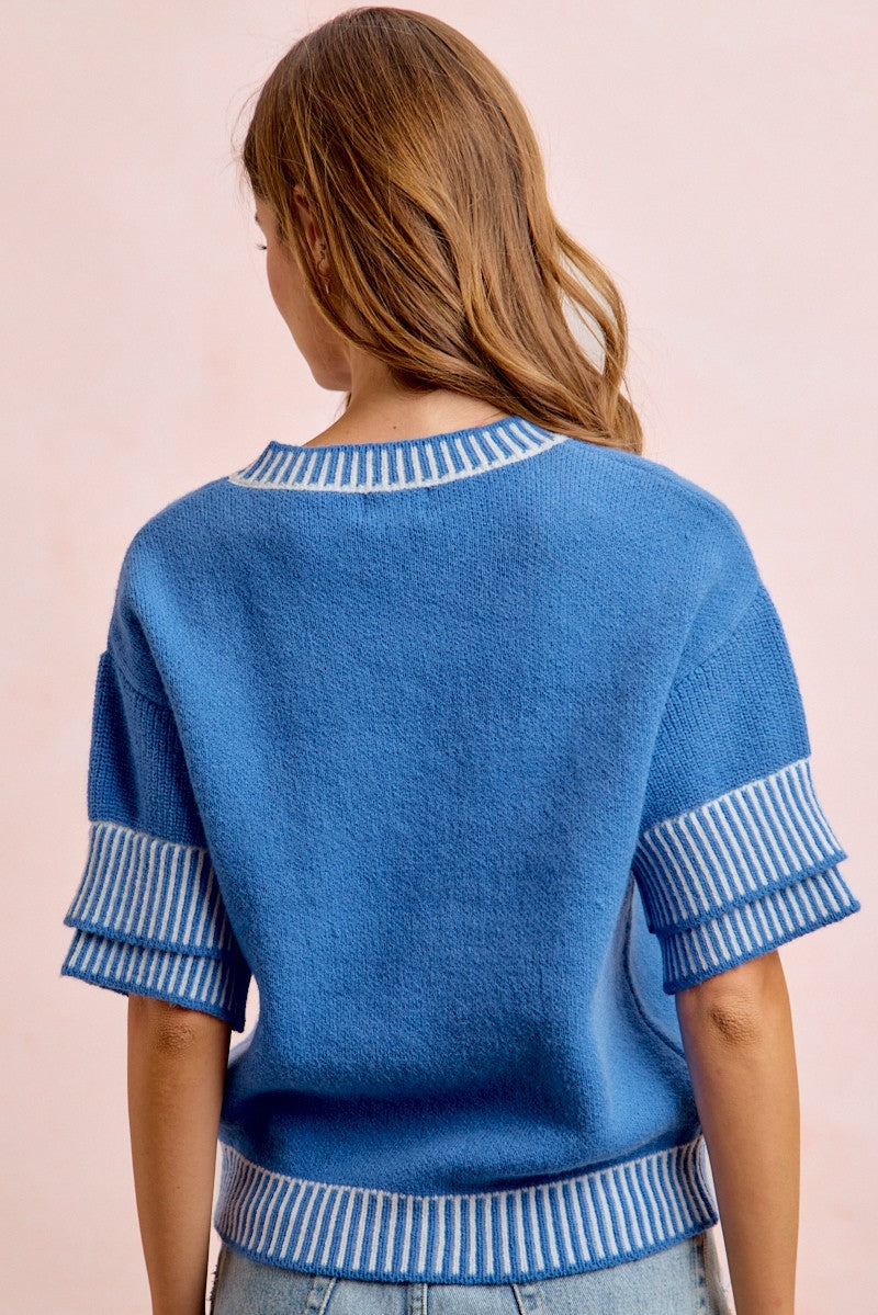 Solid Knit With Two Tone Detail Double Sleeves Top