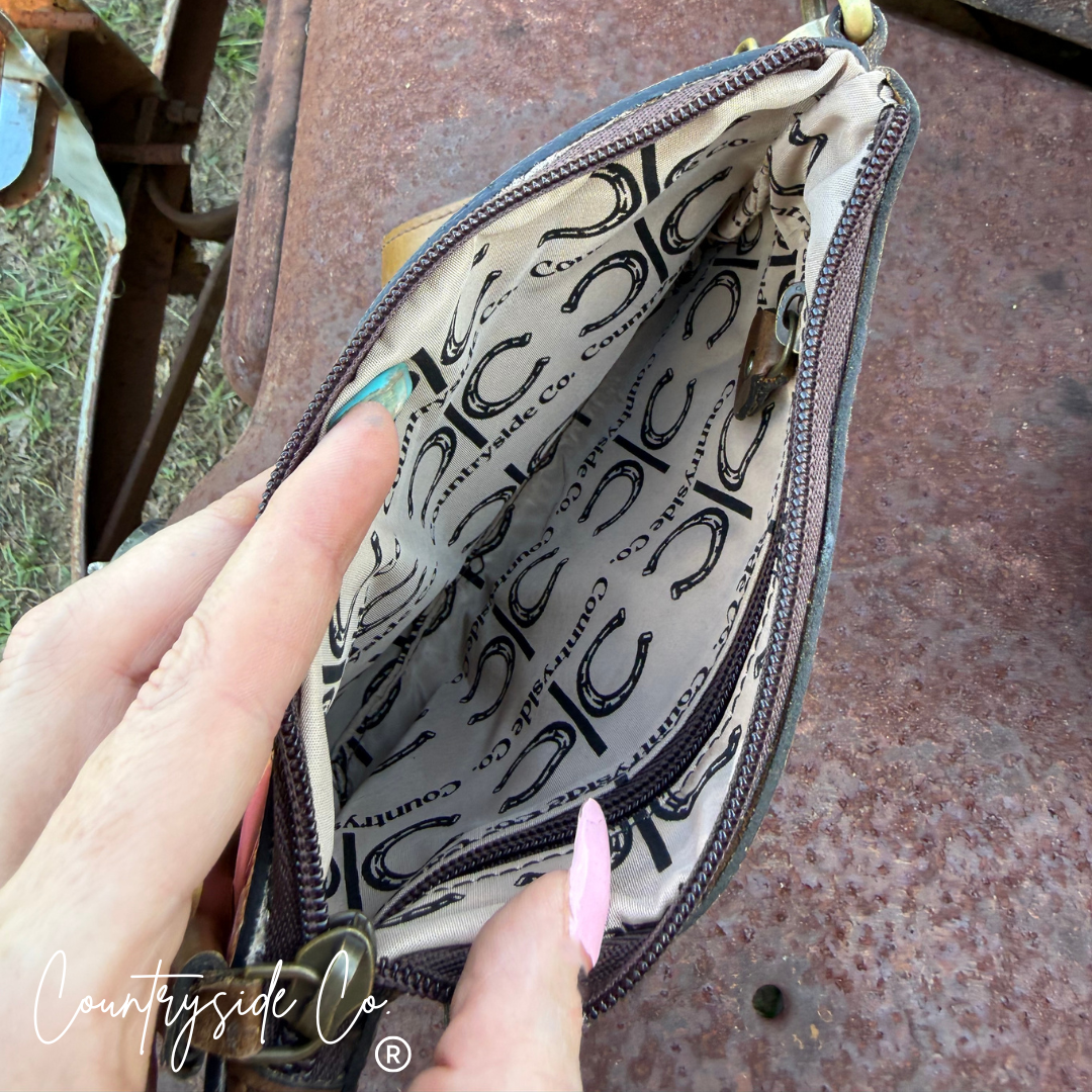 Cherry Cowhide Purse Crossbody with Wristlet