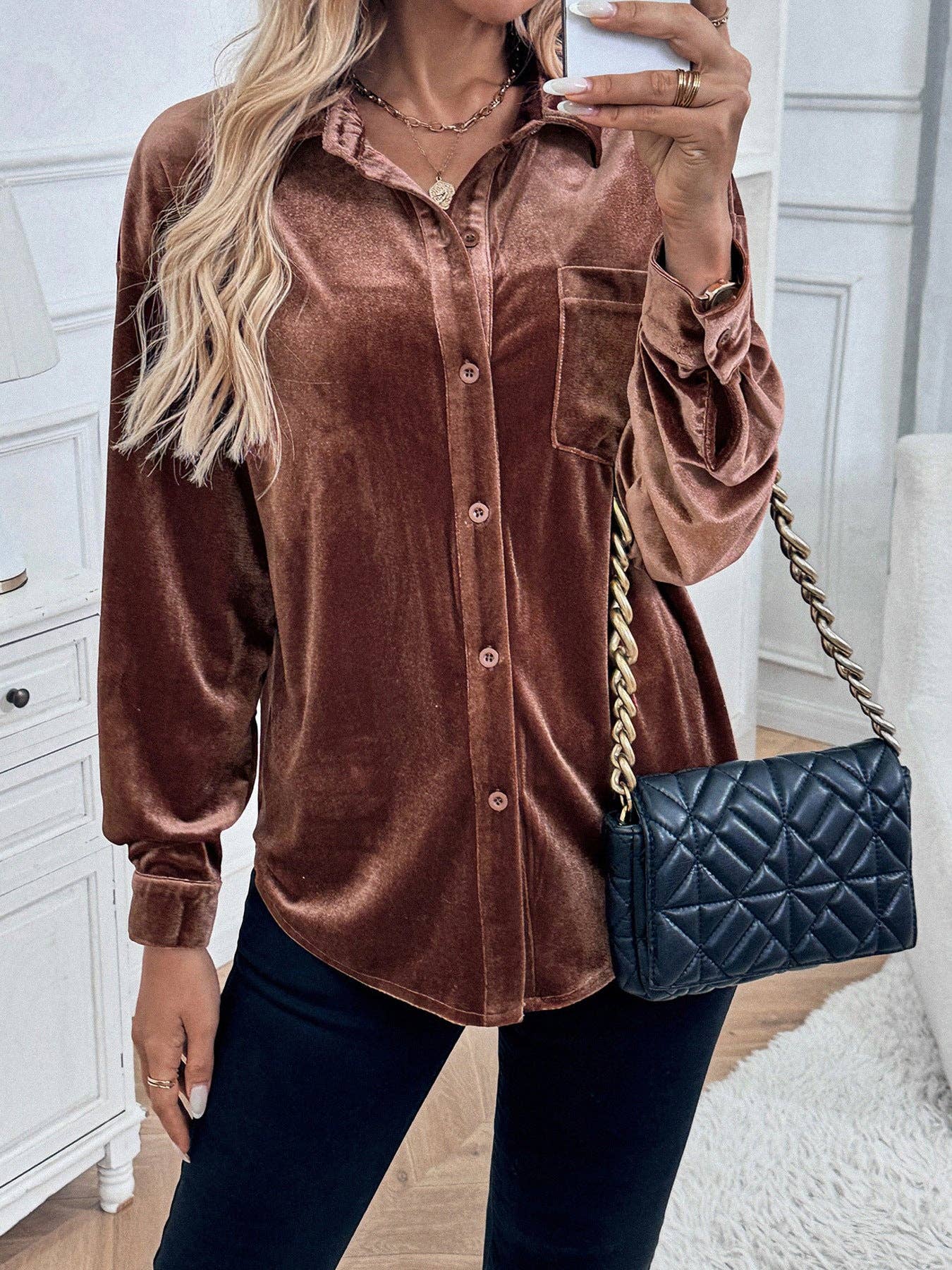 Solid Velvet Button-Up Lantern Sleeve Collared Blouse