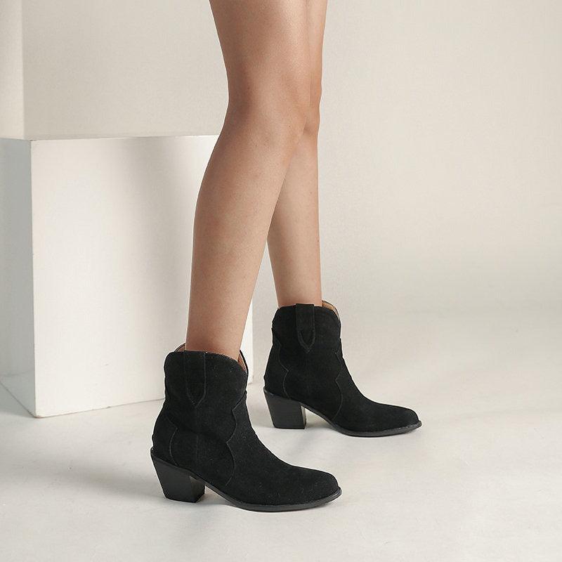 Cowgirl Chic Suede Ankle Boots - Stylish High Heel Cowgirl Boots for Women