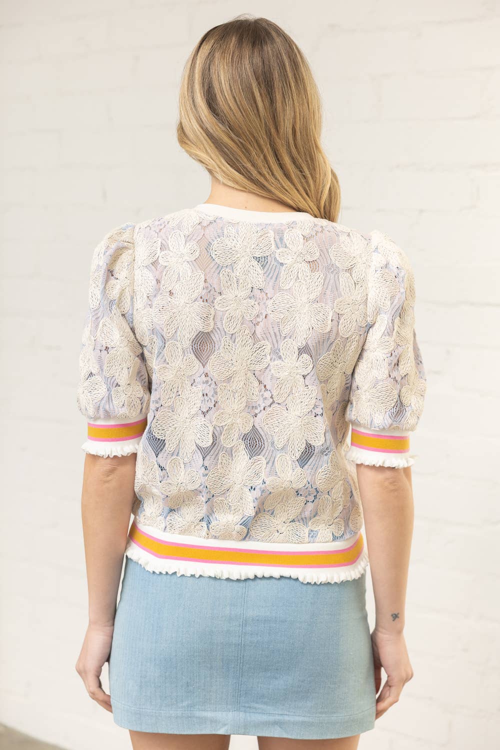 Stripe Ribbed Band Floral Embroidered Lace Top