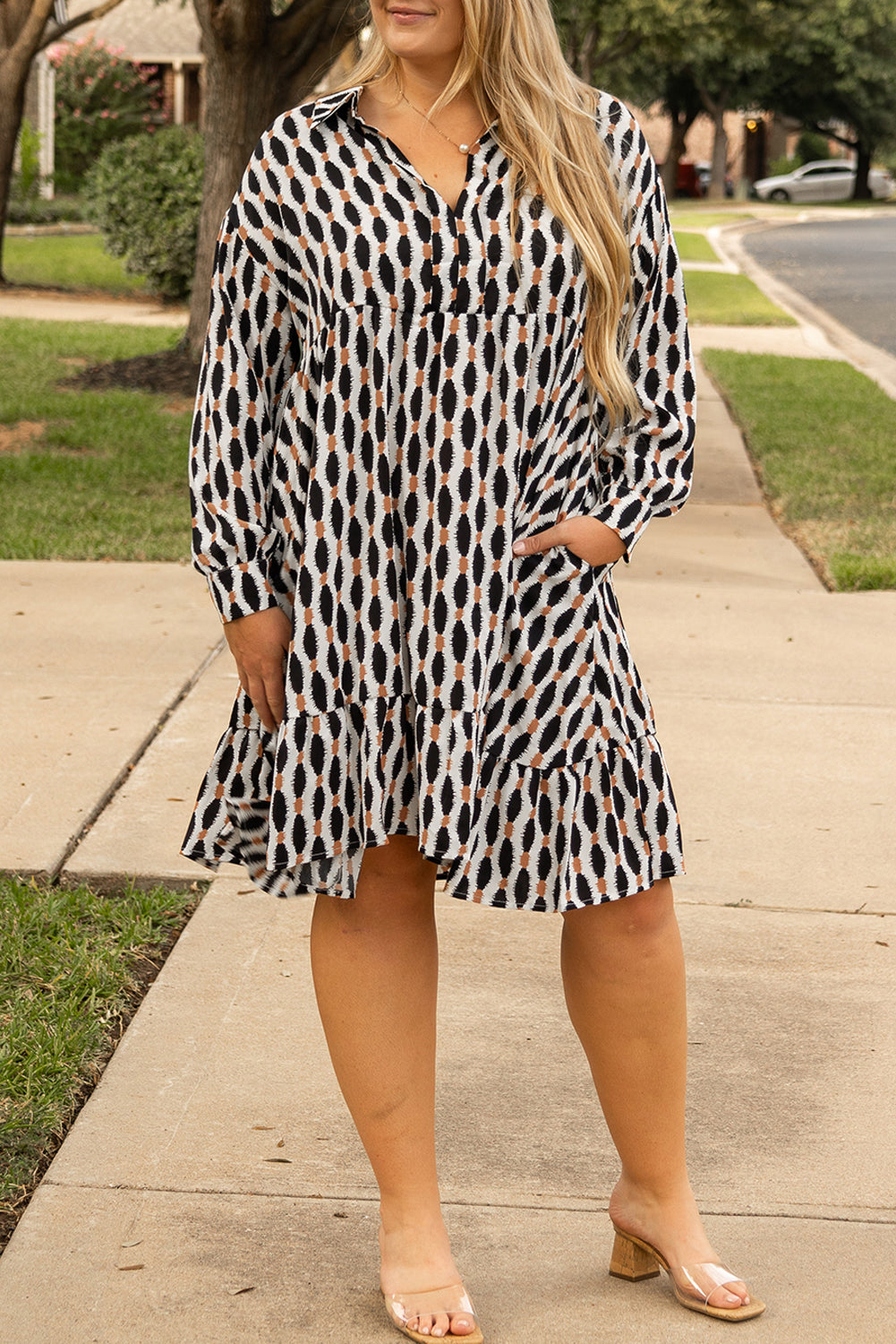 Apricot Geometric Print Collared V Neck Mini Dress