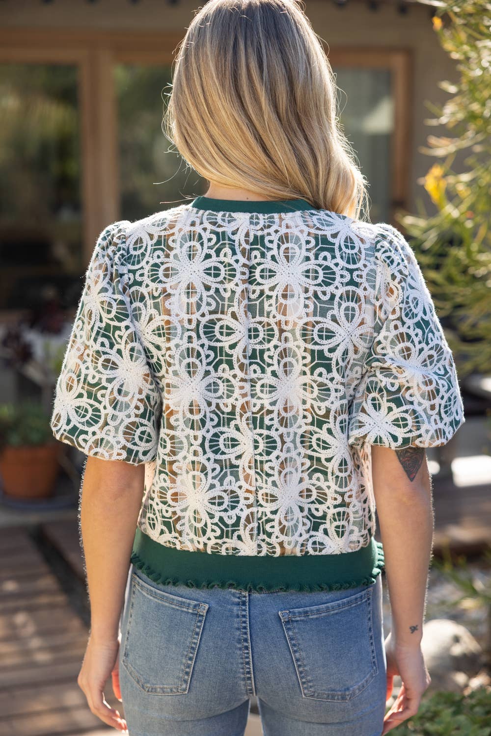 Floral Embroidered Plaid Bubble Sleeve Top