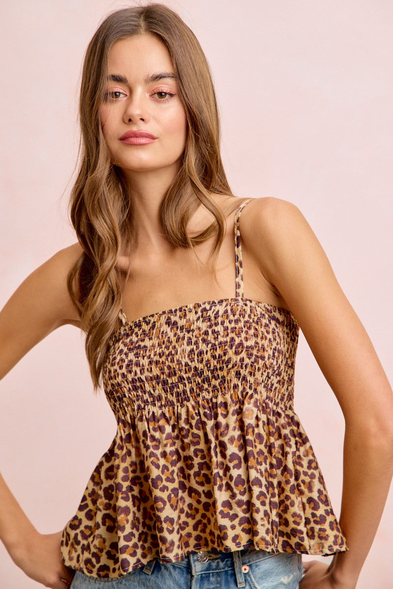 Leopard Print Smocked Cami Tank Top