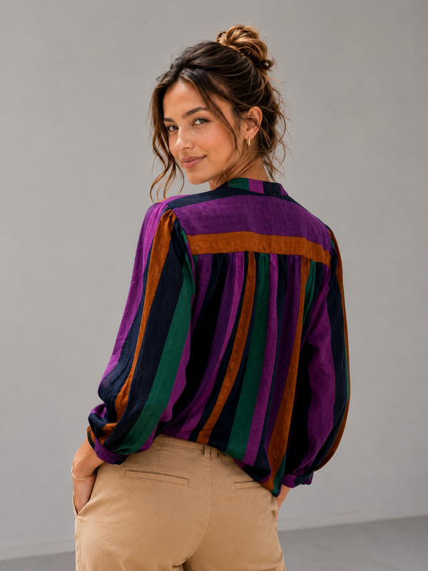 Jewel Tone Stripe Button-Front Blouse