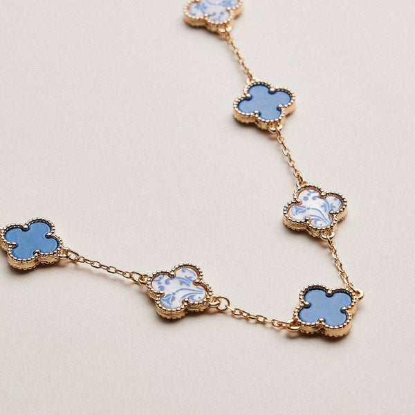 Blue Porcelain Clover Station Necklace | Floral Porcelain Metal Chain Jewelry