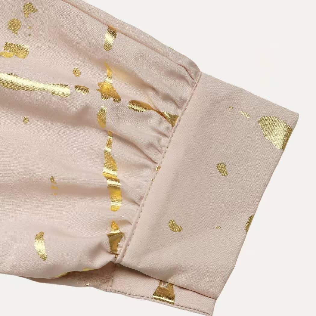 Light Khaki Metallic Gold Pattern Collared Button-Up Blouse