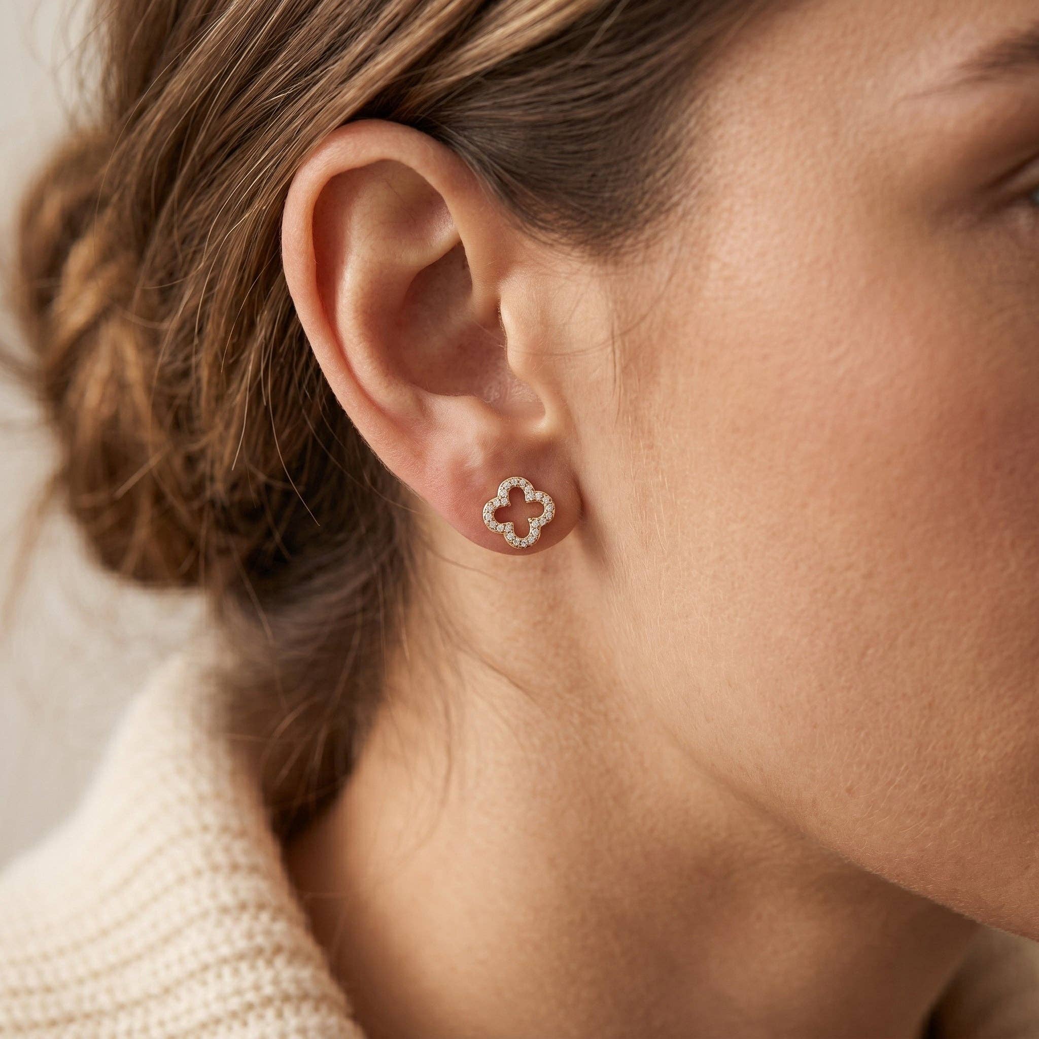 18K Gold Filled CZ Clover Stud Earrings