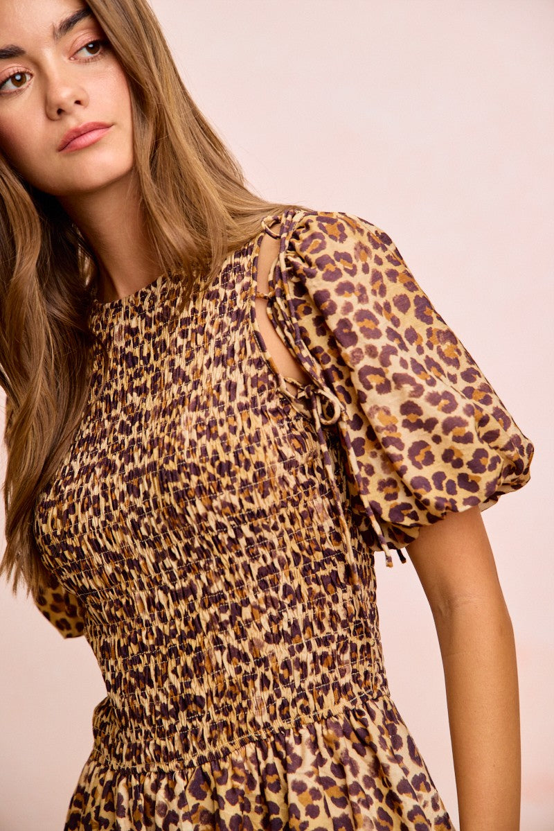 Leopard Bow Tie Attachable Puff Sleeves Dress