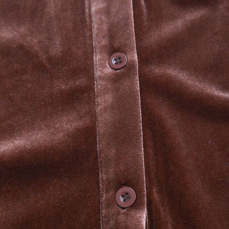 Solid Velvet Button-Up Lantern Sleeve Collared Blouse