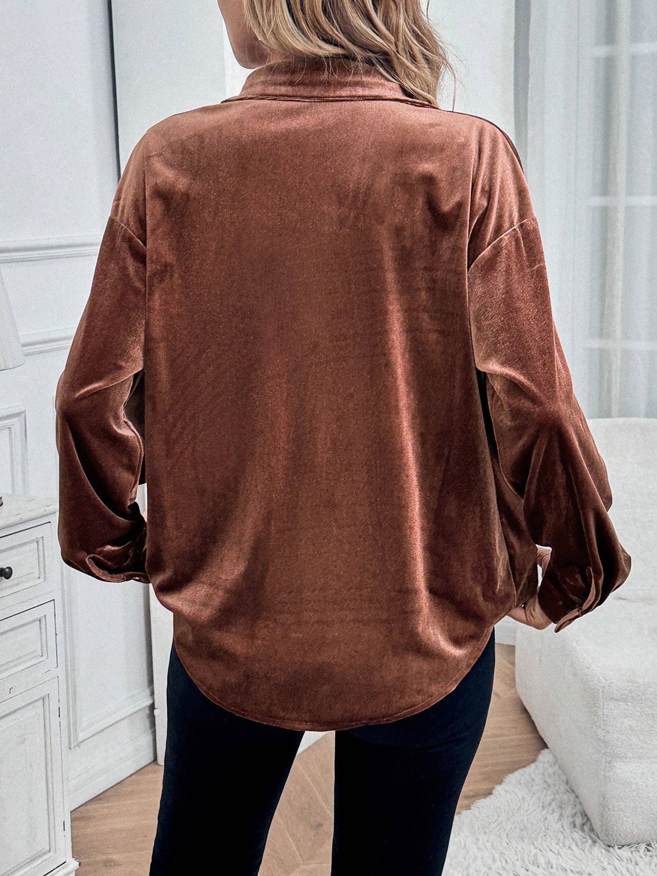 Solid Velvet Button-Up Lantern Sleeve Collared Blouse