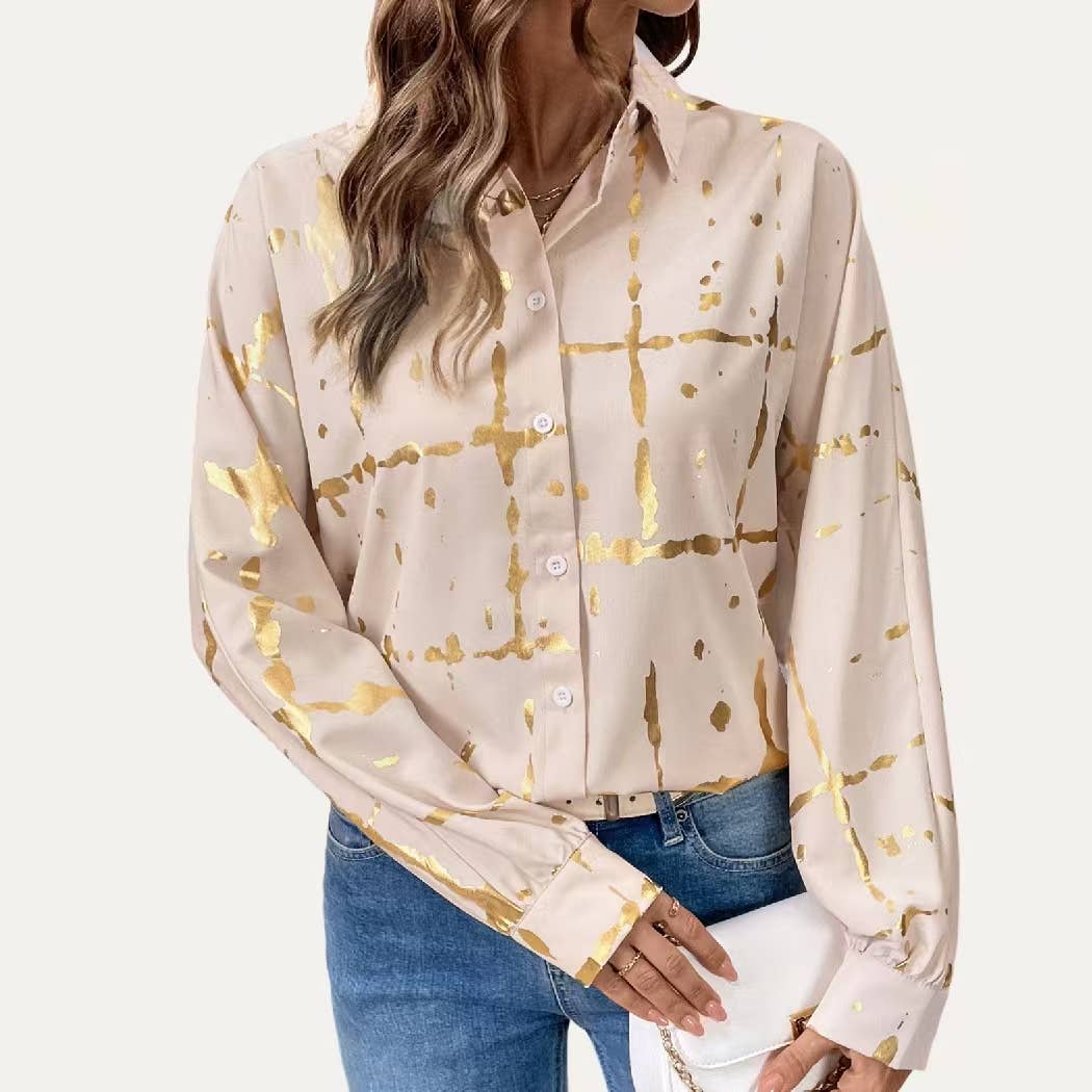 Light Khaki Metallic Gold Pattern Collared Button-Up Blouse