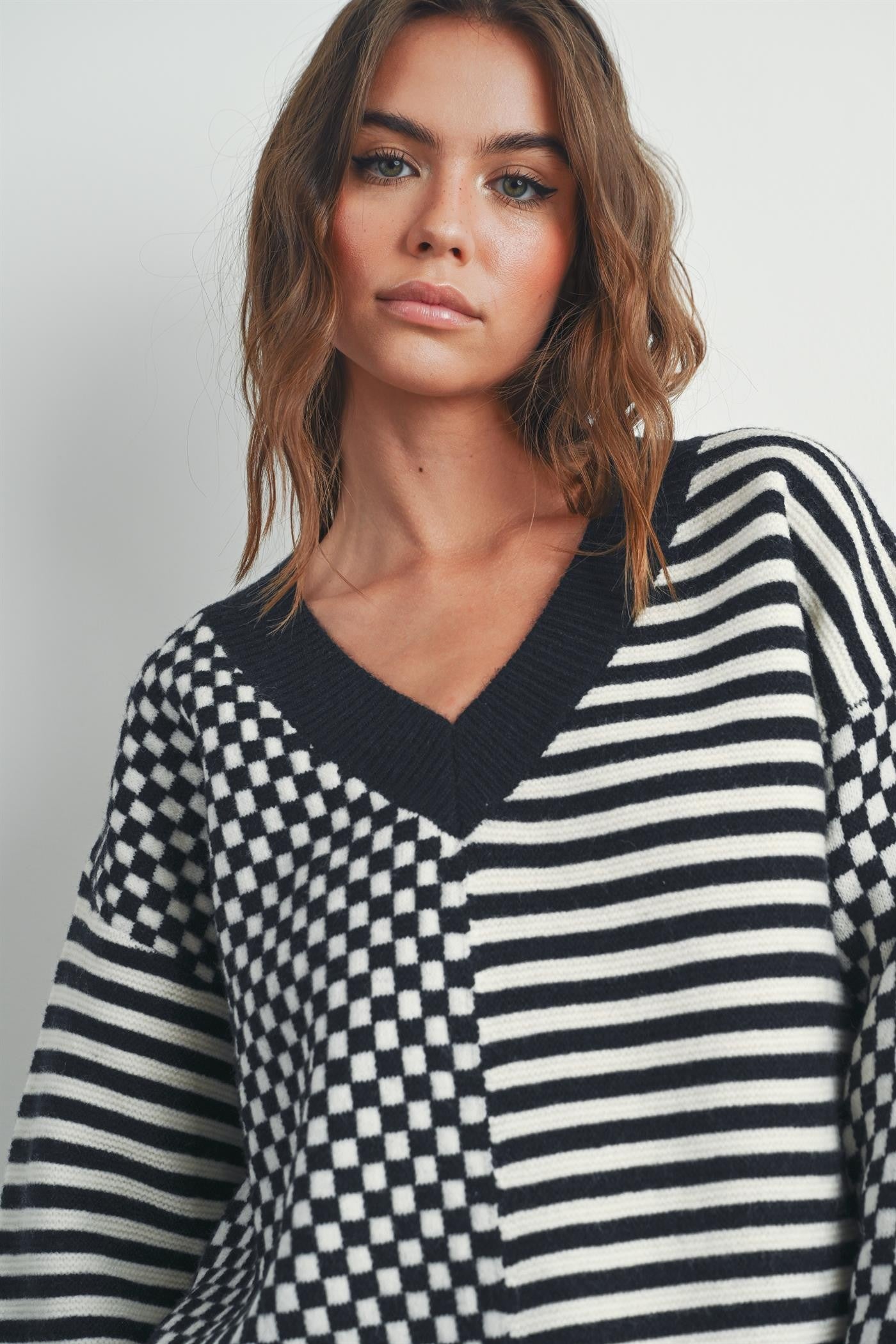 Checker Pattern Sweaters Frenchy Checker Pattern Drop Shoulder Sweater – Refined Rebel