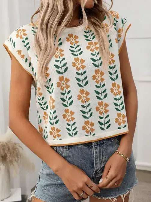 Floral Knit Cap Sleeve Top Women Boho Print Casual Vest