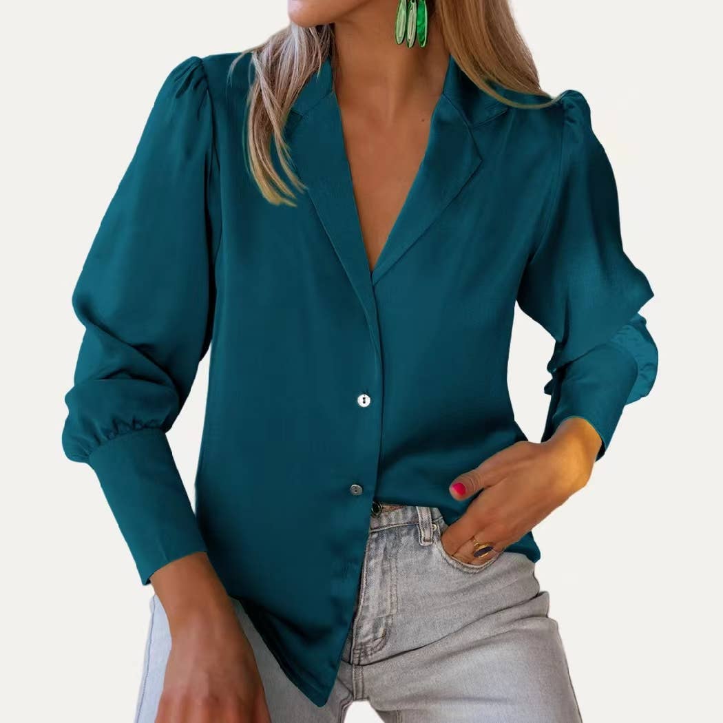 Lady Grace Solid Collared Button Up Blouse - Peacock Blue