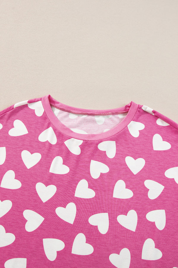 Pink Valentine Heart Shape Print Long Sleeve Top Shorts Lounge Set