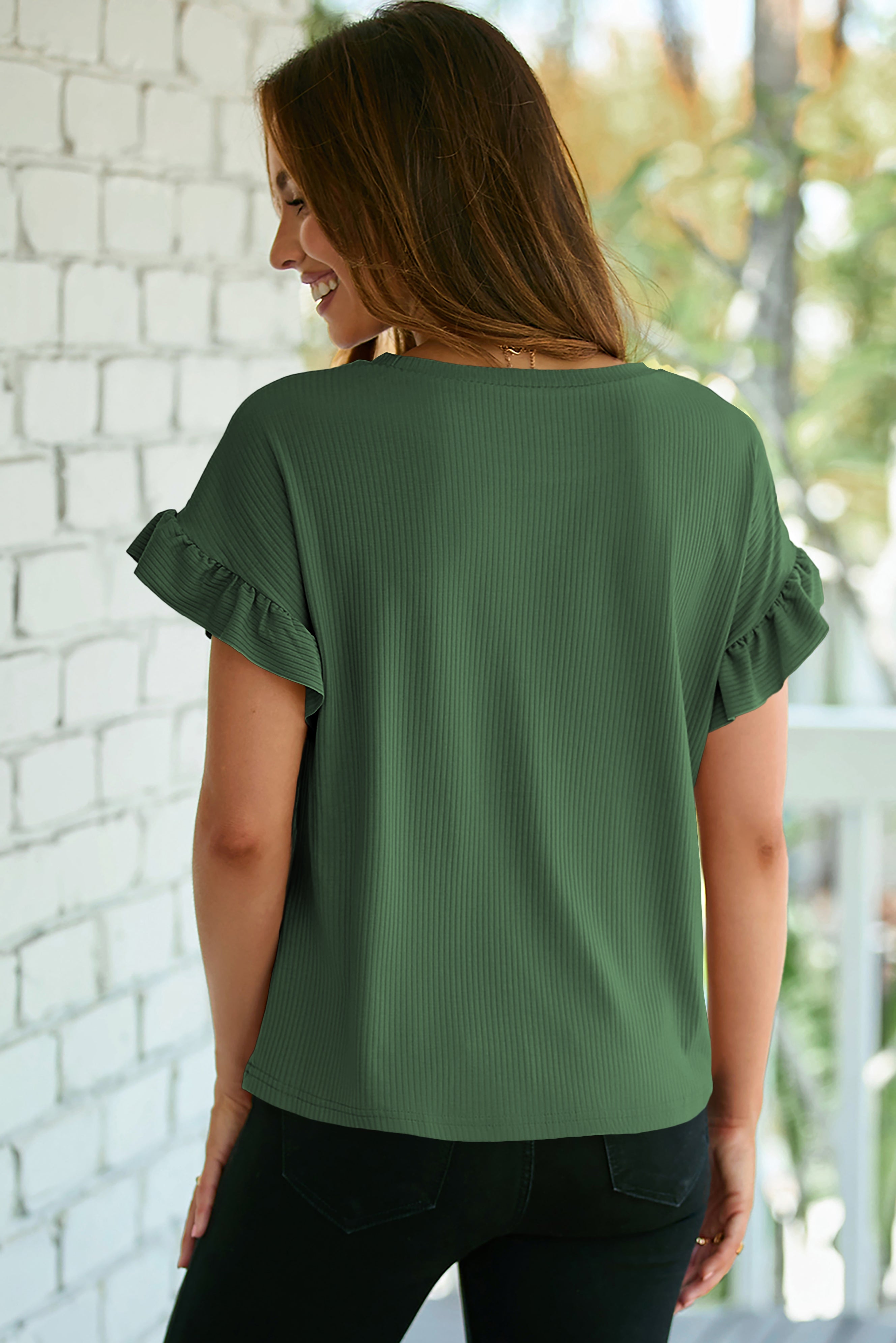 Solid Color Ribbed Ruffled Short Sleeve T Shirt