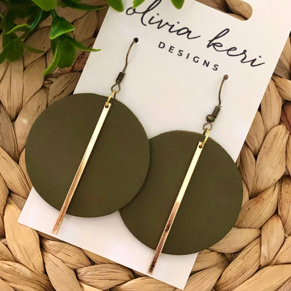 Lindsay - Olive Round Leather Dangle Earrings
