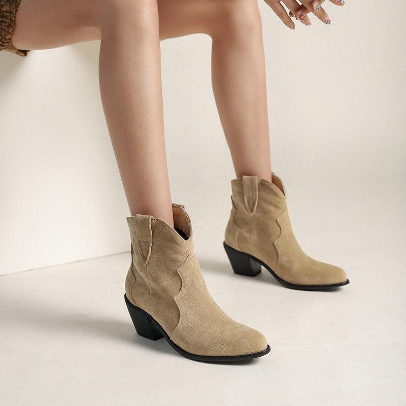 Cowgirl Chic Suede Ankle Boots - Stylish High Heel Cowgirl Boots for Women