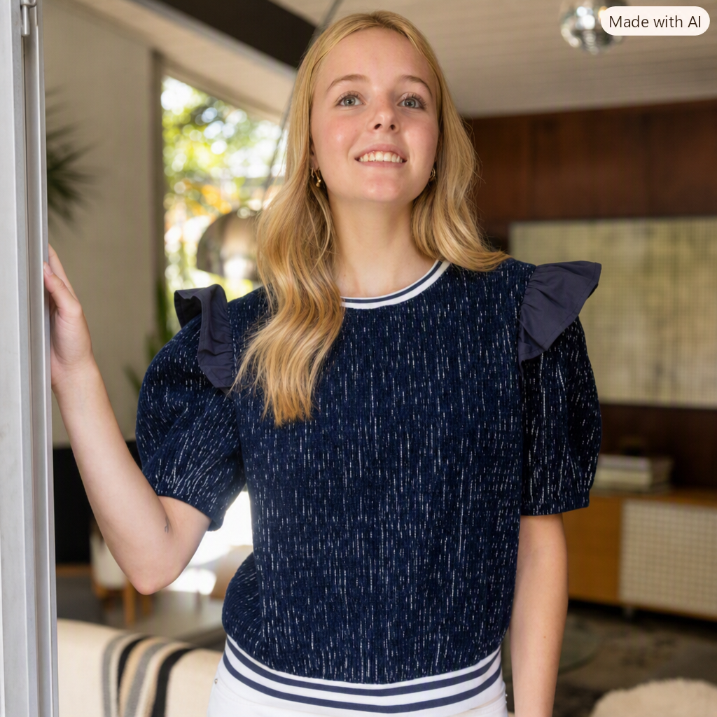 Shoulder Ruffle Striped Band Detailed Textured Knit Top