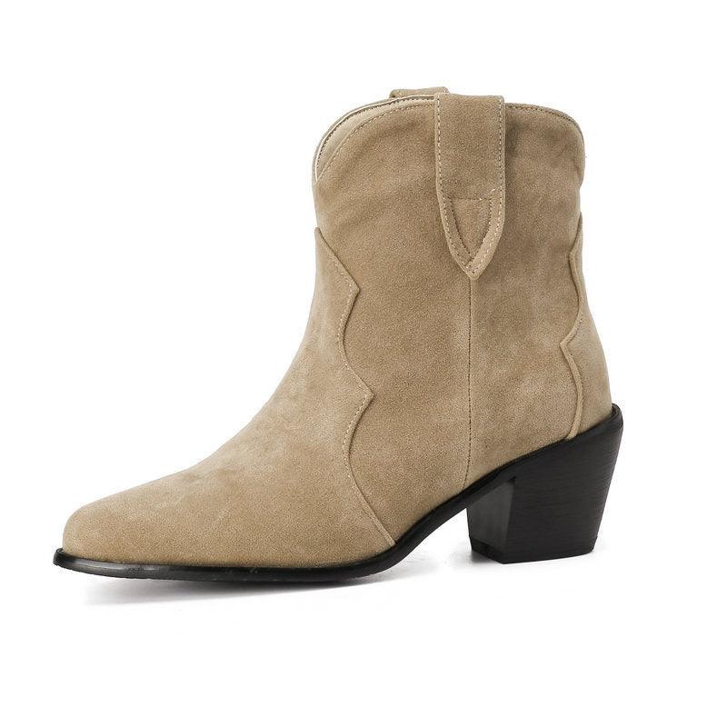 Cowgirl Chic Suede Ankle Boots - Stylish High Heel Cowgirl Boots for Women