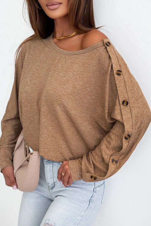 Solid Color Button Decor Dolman Sleeve Top