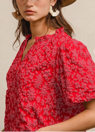 Floral Textured Ruffled V-neck Top