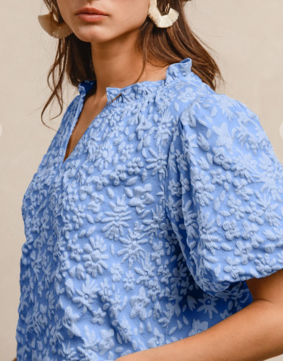 Floral Textured Ruffled V-neck Top