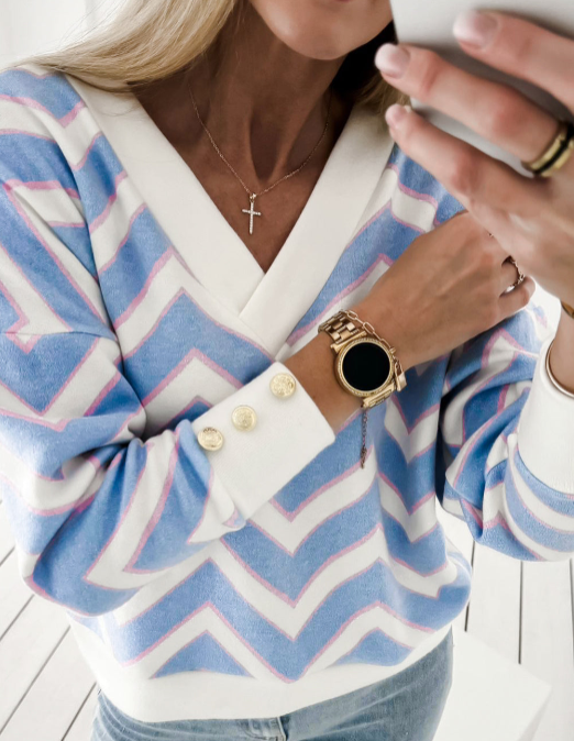 Sky Blue Zigzag Striped Print V Neck Oversized Top
