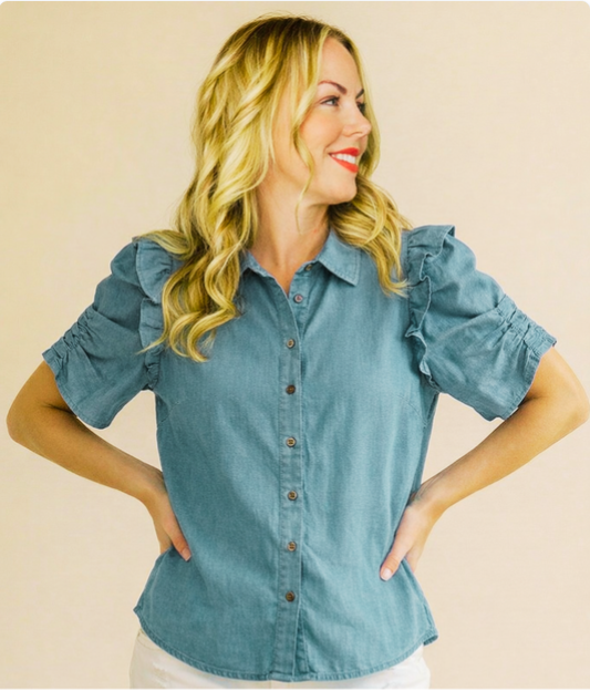 Collared Button Down Short Sleeve Blouse