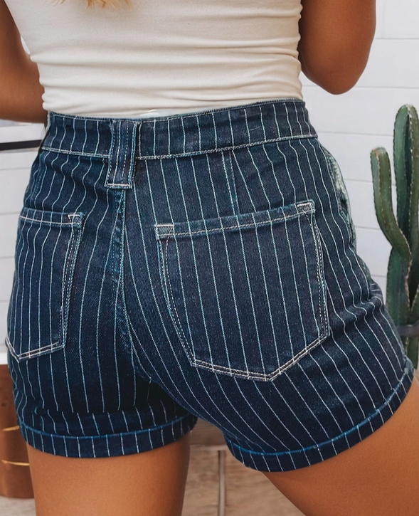 Stripe Metal Button Detail Denim Shorts