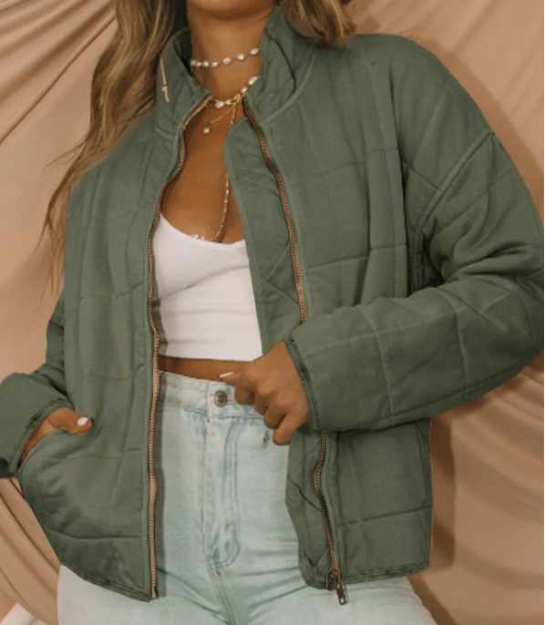 Green Zip-Up Pocket Quilted Jacket