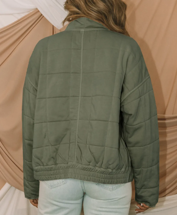 Green Zip-Up Pocket Quilted Jacket