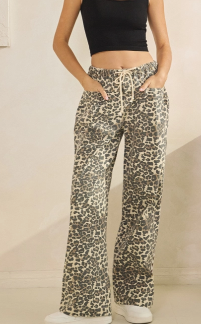Leopard Printed Striped Wide Legged Pants