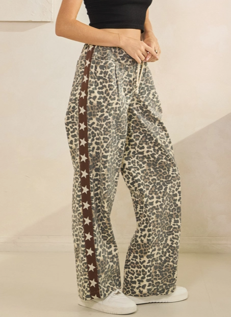 Leopard Printed Striped Wide Legged Pants