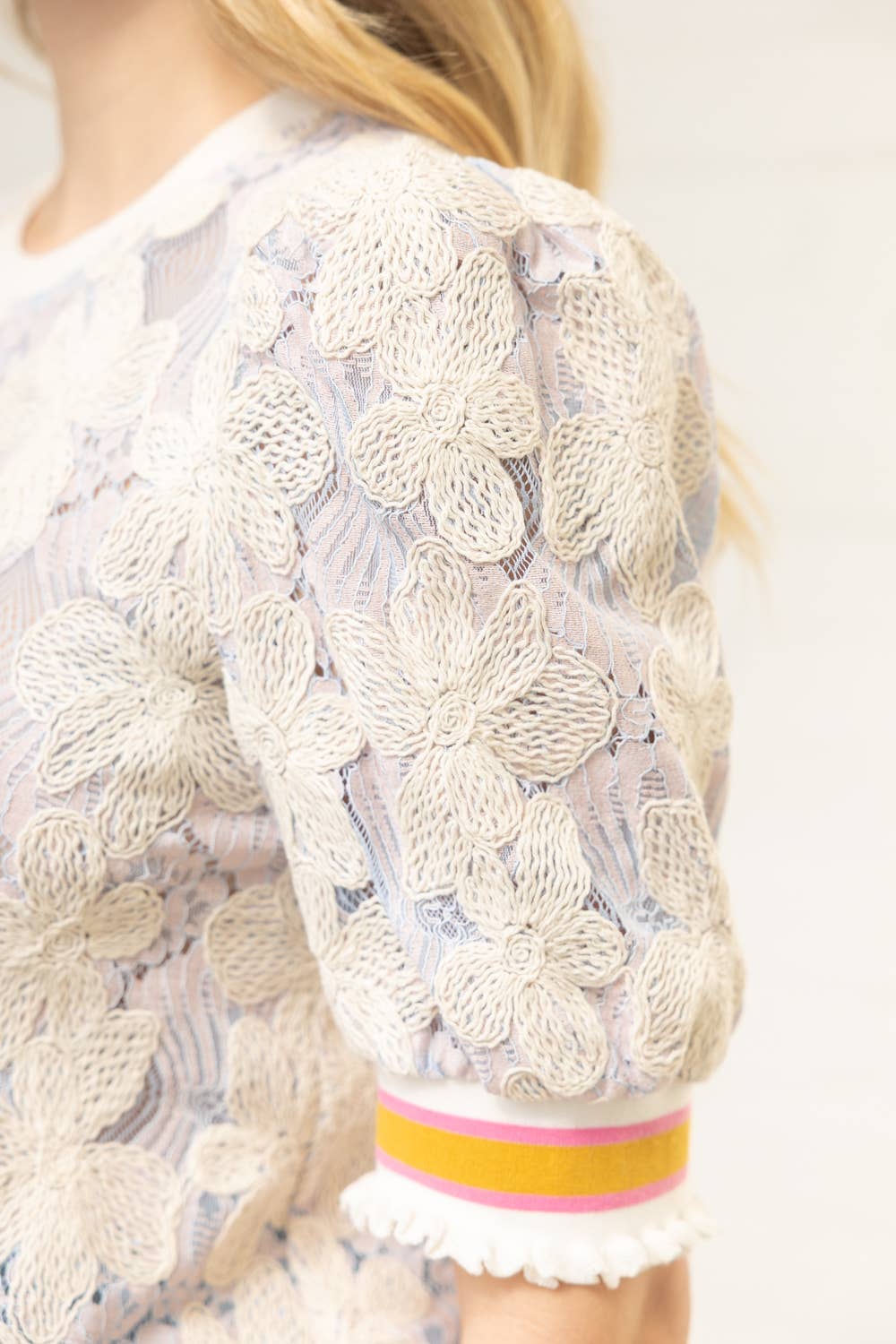 Stripe Ribbed Band Floral Embroidered Lace Top