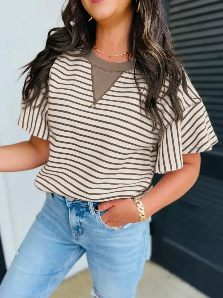 Parchment Contrast Detail Striped Ruffle Short Sleeve Top