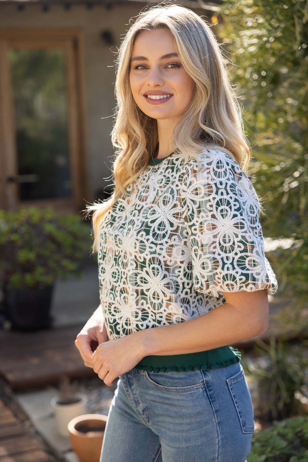 Floral Embroidered Plaid Bubble Sleeve Top