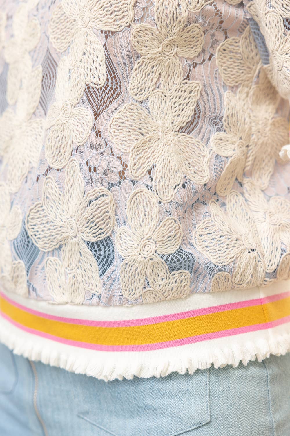 Stripe Ribbed Band Floral Embroidered Lace Top