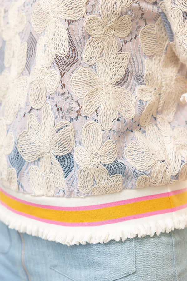 Stripe Ribbed Band Floral Embroidered Lace Top