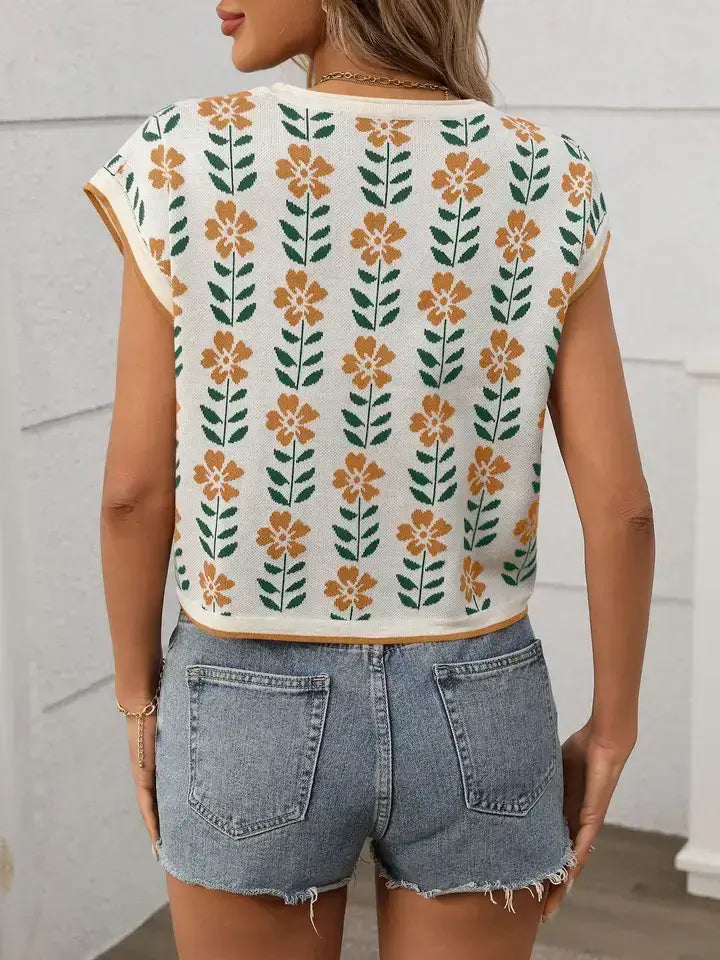 Floral Knit Cap Sleeve Top Women Boho Print Casual Vest
