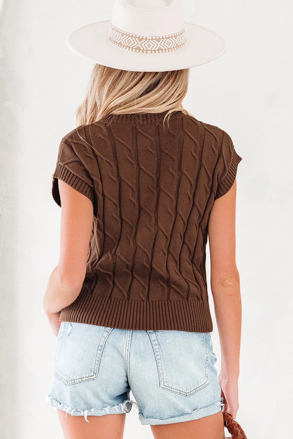 Cable Texture Crew Neck Short Sleeve Sweater Top