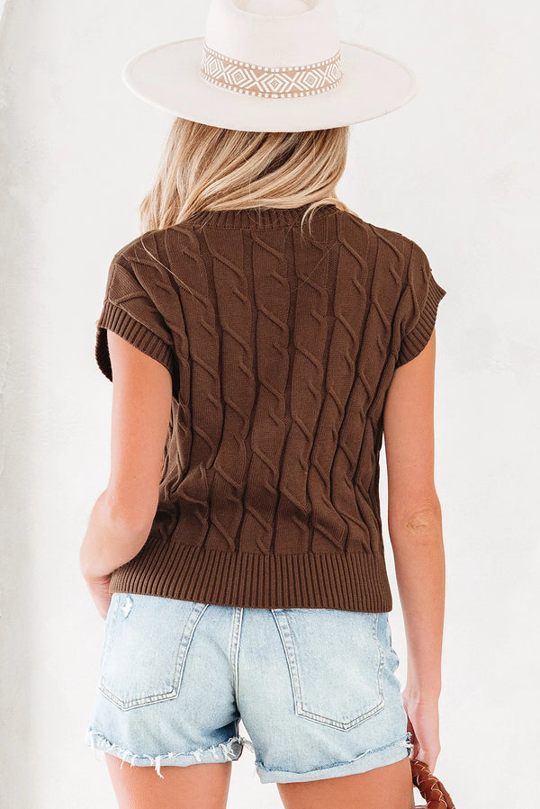 Cable Texture Crew Neck Short Sleeve Sweater Top