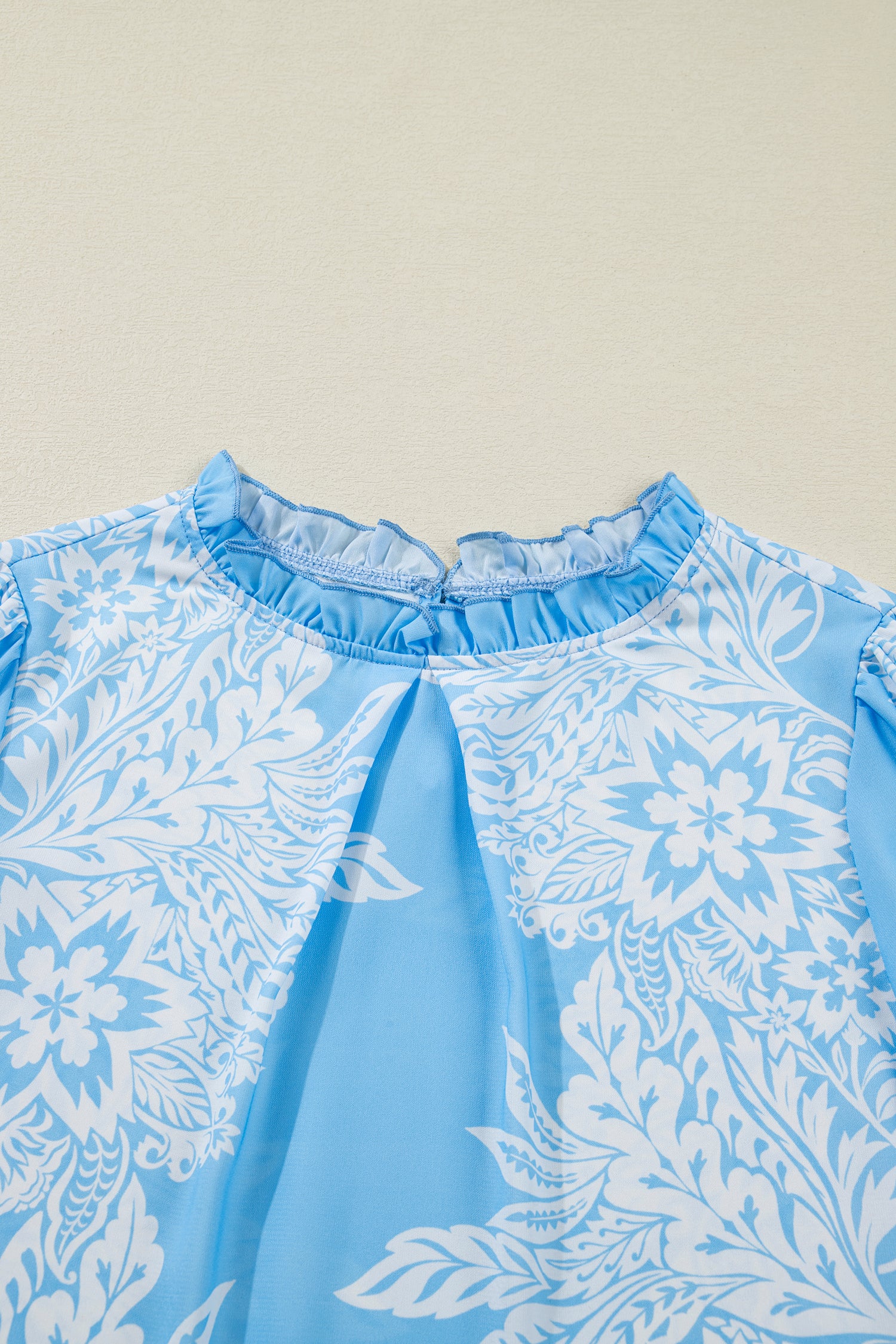 Sky Blue Ruffled Collar Puff Sleeve Flower Blouse